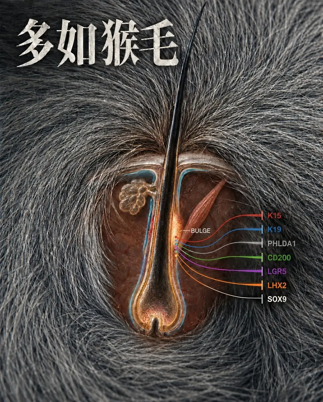 毛囊隆突區的幹細胞標記：K15、K19、PHLDA1、CD200、LGR5、LHX2、SOX9。