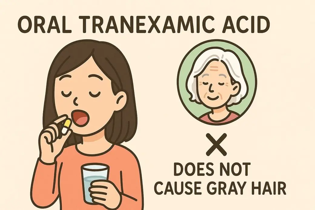 插畫：左邊一名女性正配水吞下膠囊，右邊圓框裡是一位白髮長者，中間一個大叉，標題寫著口服傳明酸不會造成白髮。