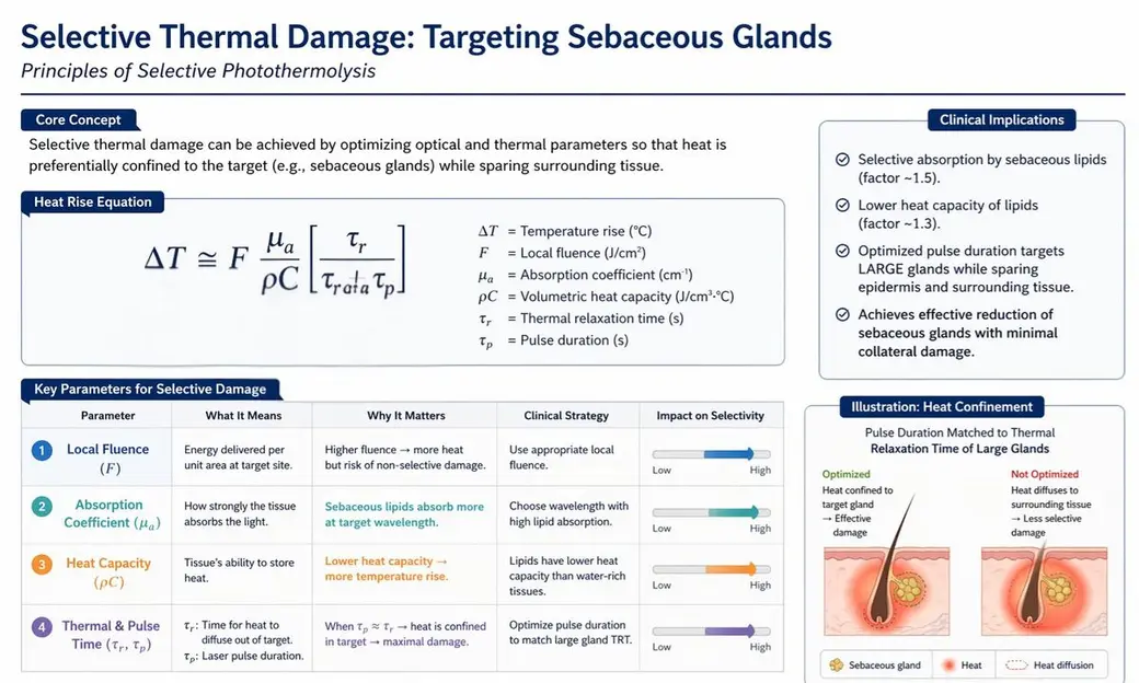 英文投影片，標題 Selective Thermal Damage: Targeting Sebaceous Glands，上方是溫升公式與參數說明，下方表格列出局部能量密度、吸收係數、熱容量、脈衝時間四項參數，右側是熱侷限與擴散的對照示意圖。