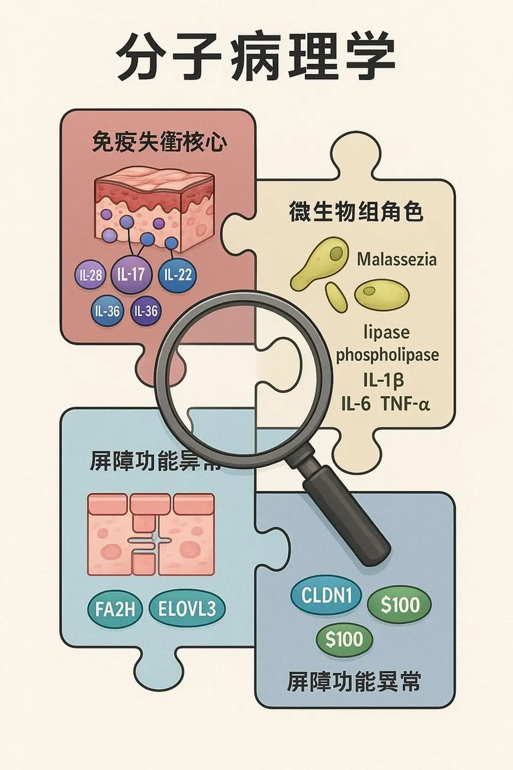 簡體中文示意圖，四塊拼圖分別標示免疫失衡核心、微生物組角色、屏障功能異常，各自帶有皮膚剖面或酵母菌圖示與細胞激素名稱，中央疊著一支放大鏡。