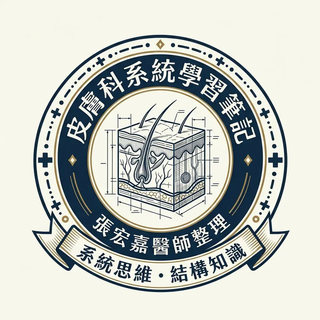 圓形徽章式插圖，深藍與金色的環框中間是皮膚剖面的線稿，外圈寫著「皮膚科系統學習筆記」，下方緞帶寫著「張宏嘉醫師整理」與「系統思維・結構知識」。