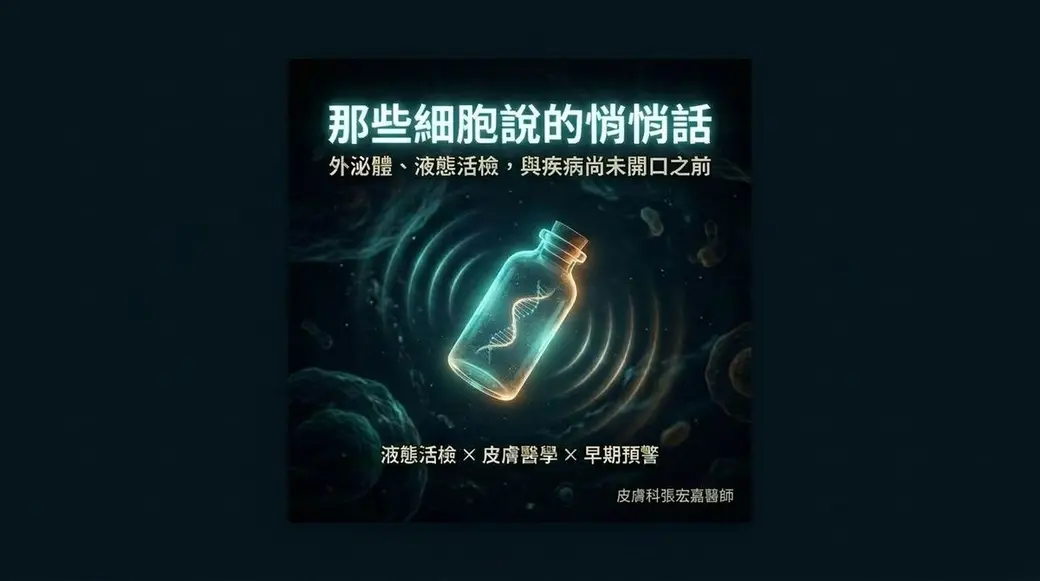 自製圖卡，深色底中央是一只漂浮的玻璃瓶，裡面裝著發光的 DNA 螺旋，周圍是水波紋與細胞，上下寫著副標「外泌體、液態活檢，與疾病尚未開口之前」與「液態活檢 × 皮膚醫學 × 早期預警」。