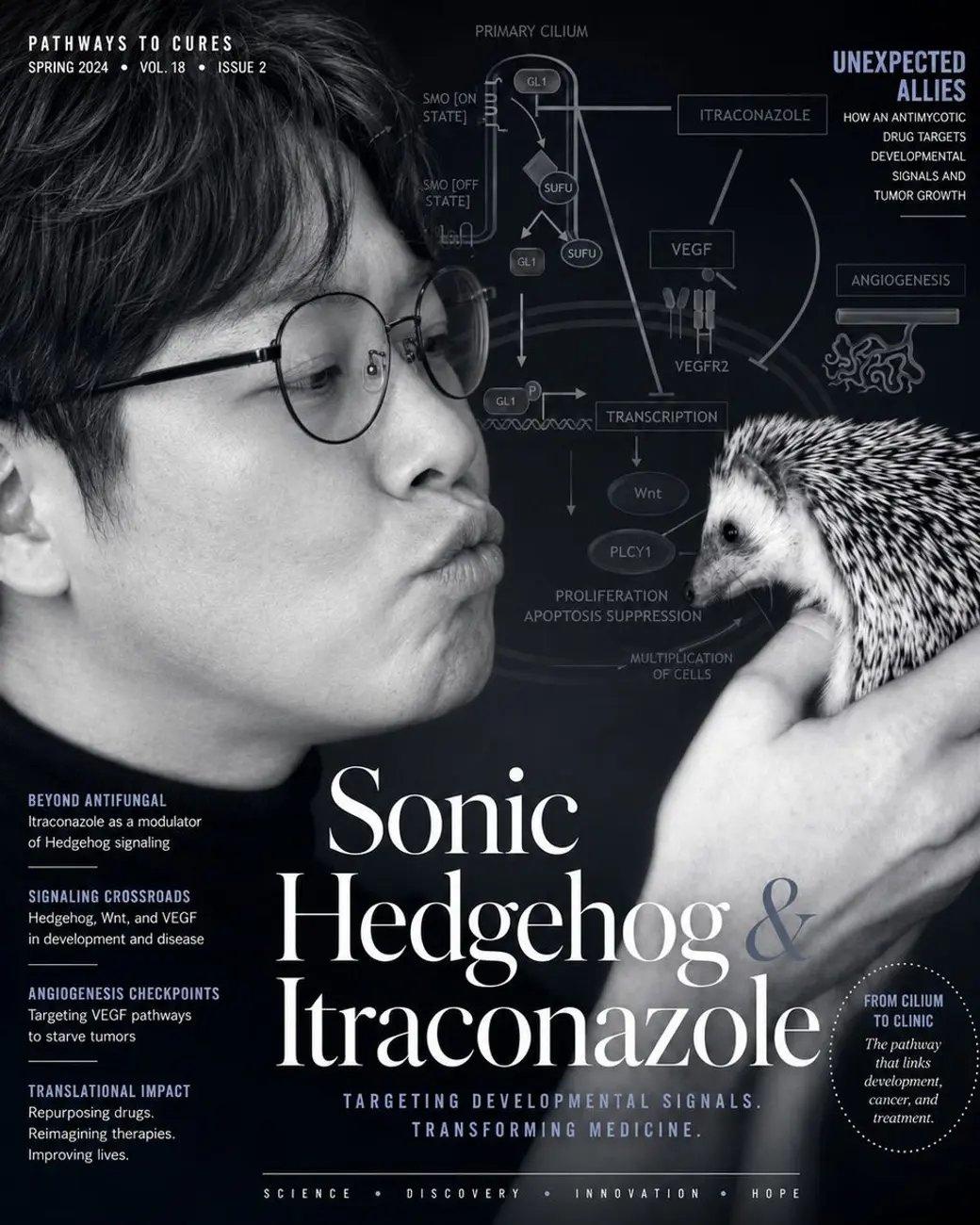 仿雜誌封面的合成圖，黑白照片中一位戴圓框眼鏡的男性噘嘴看著手上的刺蝟，背景疊著 Hedgehog 訊號路徑圖，下方大字寫著 Sonic Hedgehog & Itraconazole。