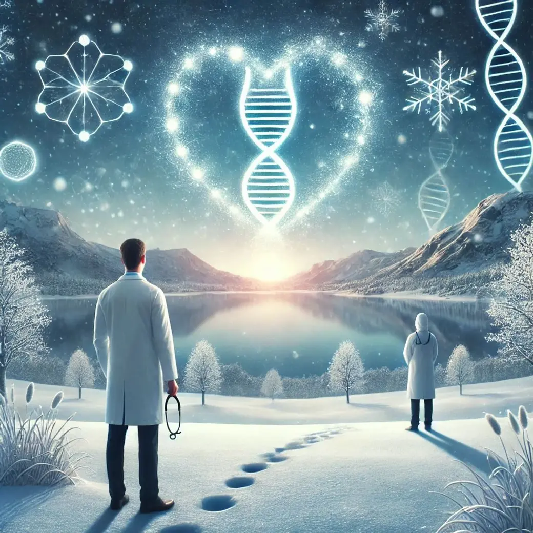 合成插畫，雪地湖畔的黃昏景色，一位穿白袍的醫師站在近處看向遠方另一個白袍身影，雪地上留著一行腳印，天空中是由 DNA 螺旋構成的心形與雪花。