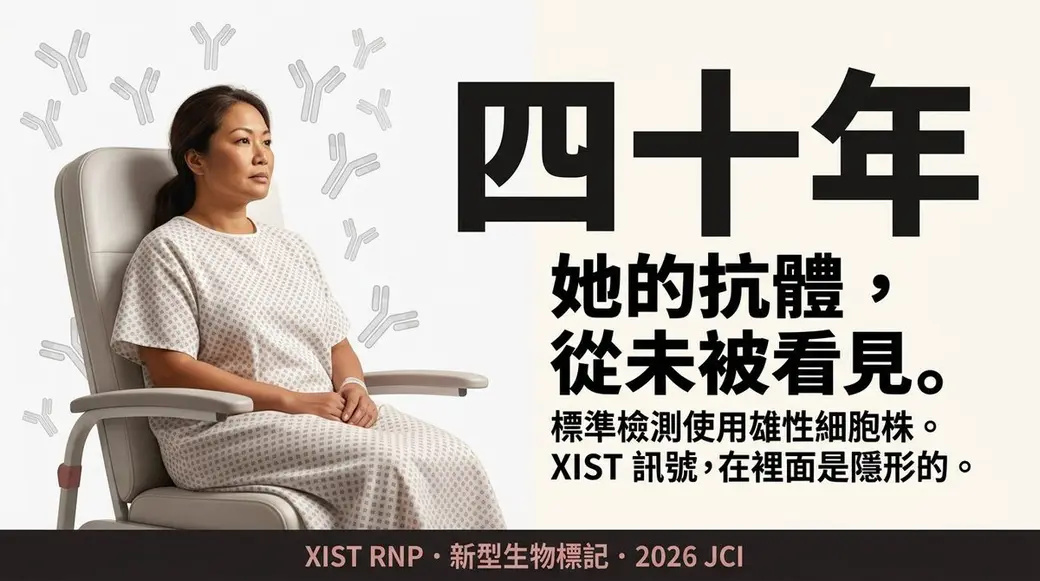 自製圖卡，左邊是一位坐在診療椅上的女性，周圍飄著抗體符號，右邊大字寫著「四十年」與說明標準檢測使用雄性細胞株，下方黑色橫條標註 XIST RNP 與文獻年份。