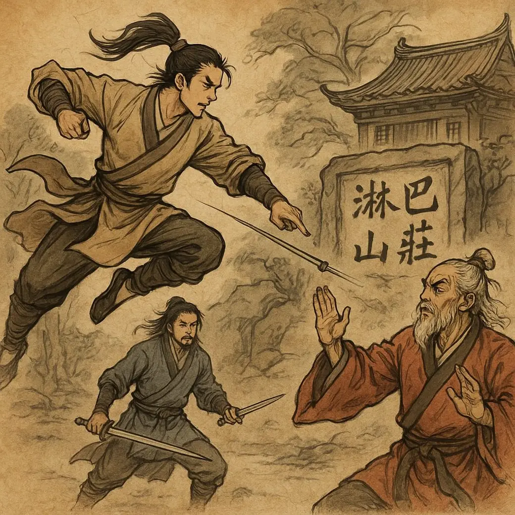 水墨風格插畫，兩位持劍的俠客與一位老者在山門前對峙，石碑上刻著「巴淋山莊」。