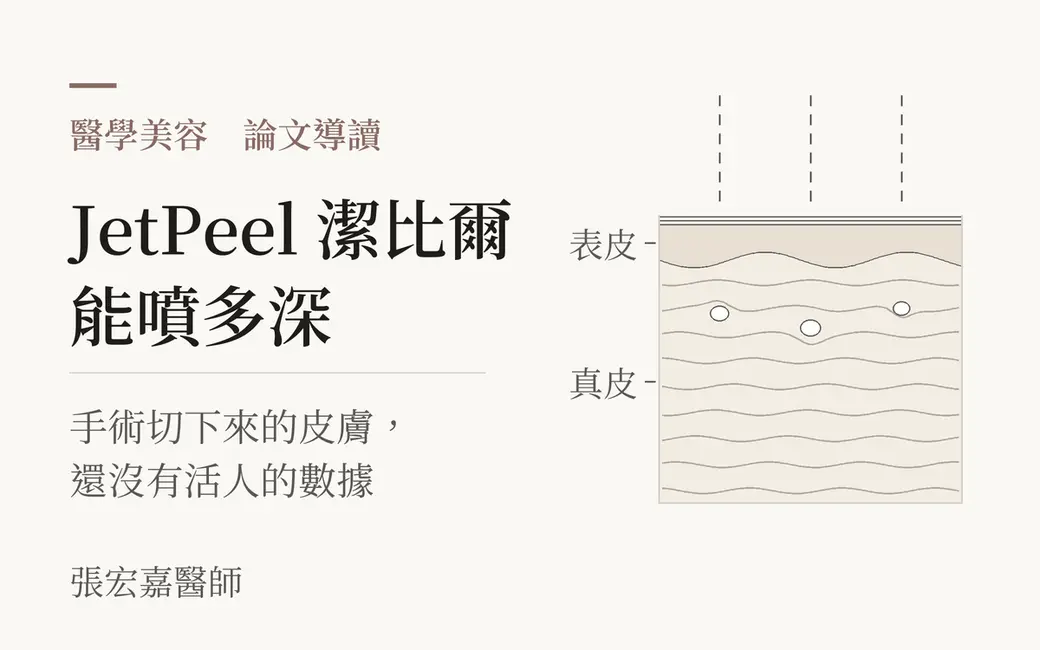 排版式數據封面，淺色底，主標寫著 JetPeel 潔比爾能噴多深，副標寫著手術切下來的皮膚、還沒有活人的數據，左下角署名張宏嘉醫師；右側是一張皮膚分層的線條示意圖，只標出表皮與真皮，上方有幾條細虛線代表噴流。畫面上沒有人臉、儀器照片、產品包裝或放大的數字。