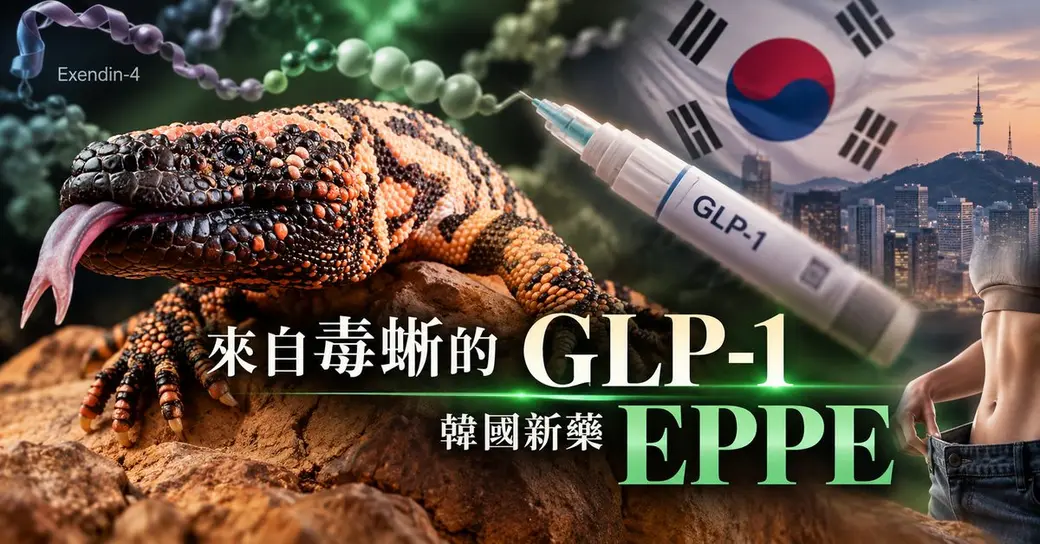 橫幅示意圖。左邊一隻黑色與粉橘色珠狀鱗片的吉拉毒蜥趴在岩石上吐舌，上方飄著標示 Exendin-4 的胜肽鏈；中間一支標著 GLP-1 的白色注射筆；右邊是韓國國旗與首爾天際線、南山塔，右下角一位女性拉開過大的牛仔褲腰。中央大字「來自毒蜥的 GLP-1」「韓國新藥 EPPE」。圖上沒有商品包裝。