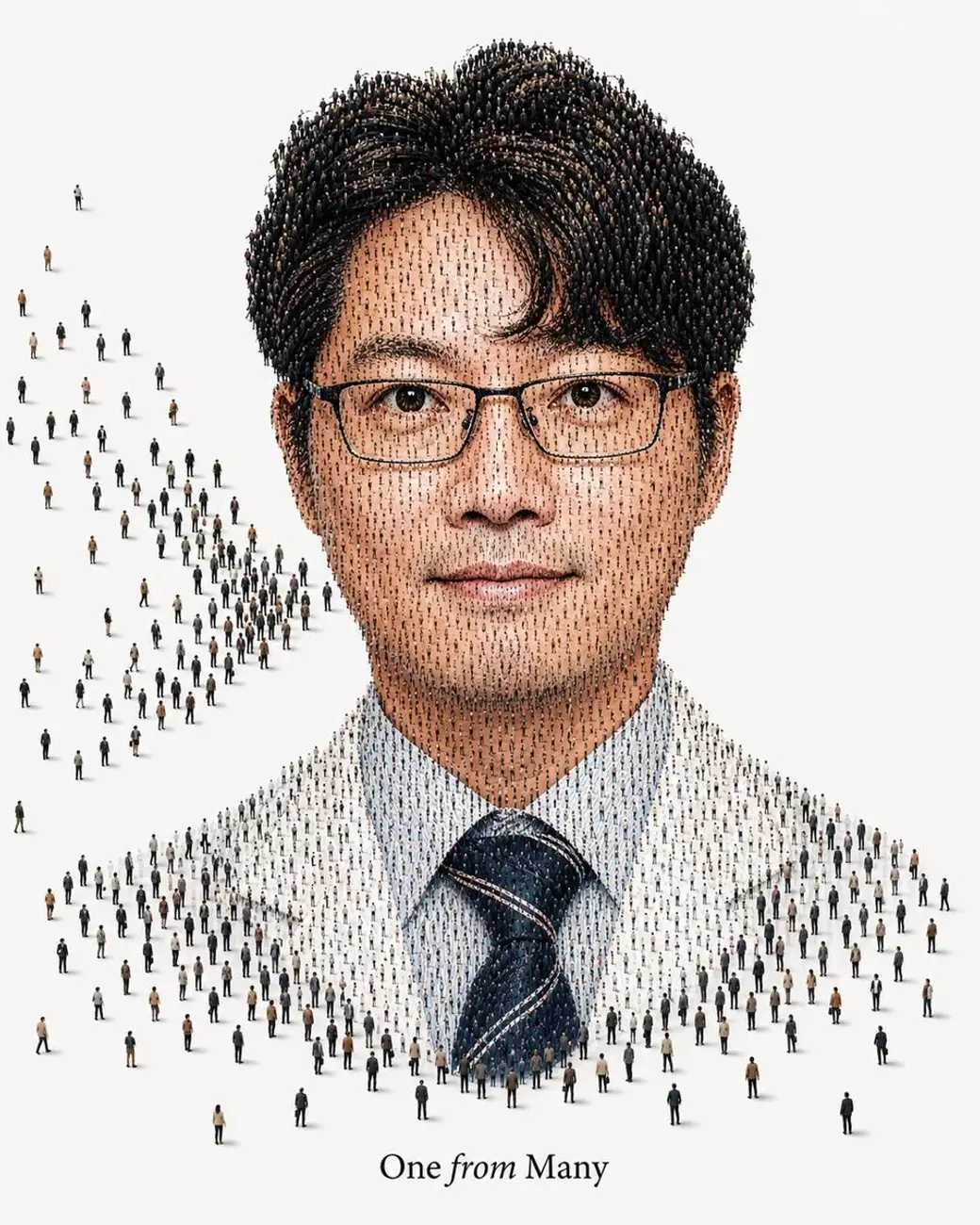 合成肖像，一位戴眼鏡男性的正面半身像，整張畫面由密密麻麻的小人形排列組成，下方寫著 One from Many。