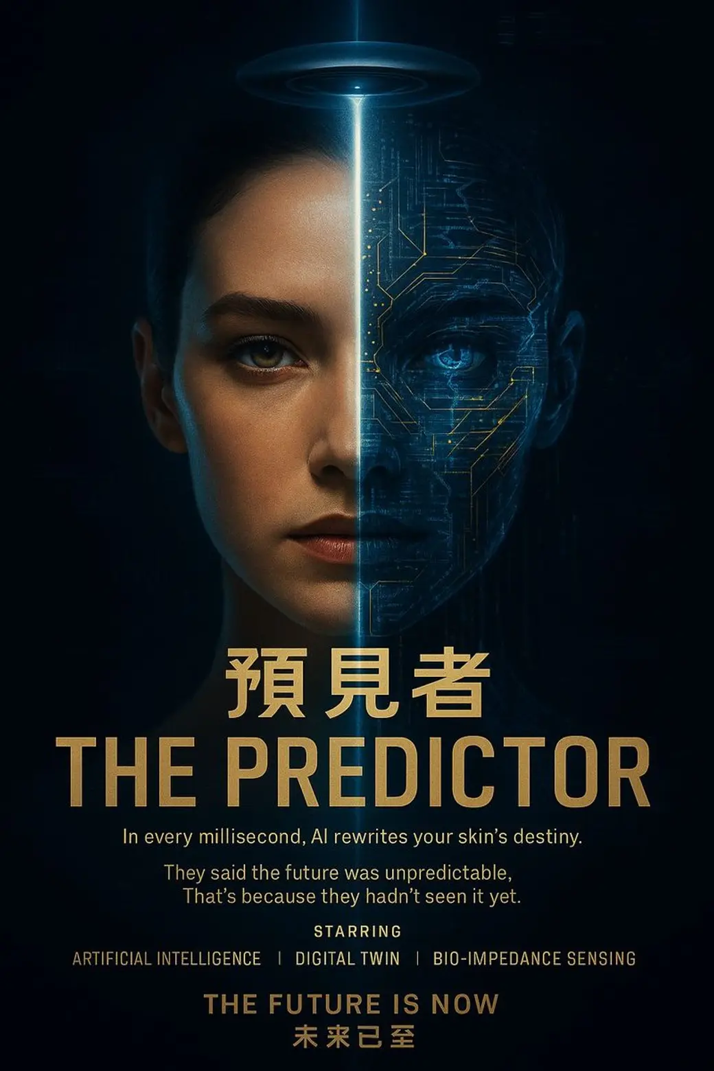 仿電影海報的合成圖，一張左右各半的臉，一半是真實皮膚、一半是藍色電路構成的數位臉，下方寫著「預見者 THE PREDICTOR」與人工智慧、數位分身、生物阻抗感測等字樣。