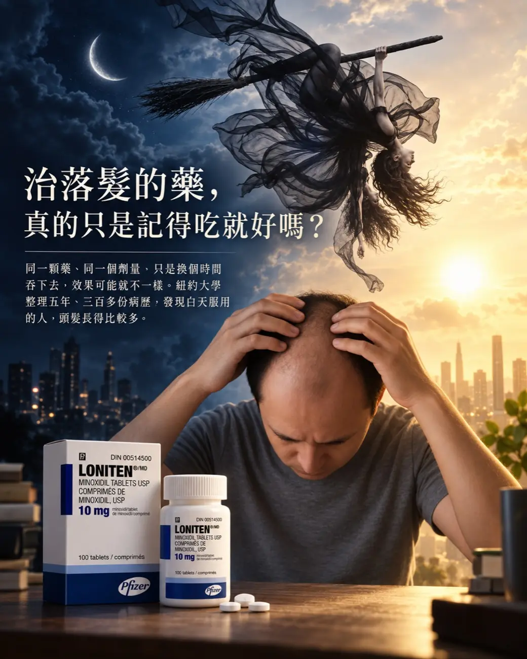 作者以 AI 生成的示意合成圖。畫面左半是夜晚的城市與一彎新月，右半是日出的天空；中間一位頭頂稀疏的中年男性雙手抱頭坐在桌前，桌前左側有一盒與一瓶外文的 minoxidil 錠劑包裝與兩顆白色藥錠。上方有一個以黑色長髮與薄紗構成的倒懸人形意象。左側疊加中文標題「治落髮的藥，真的只是記得吃就好嗎？」。