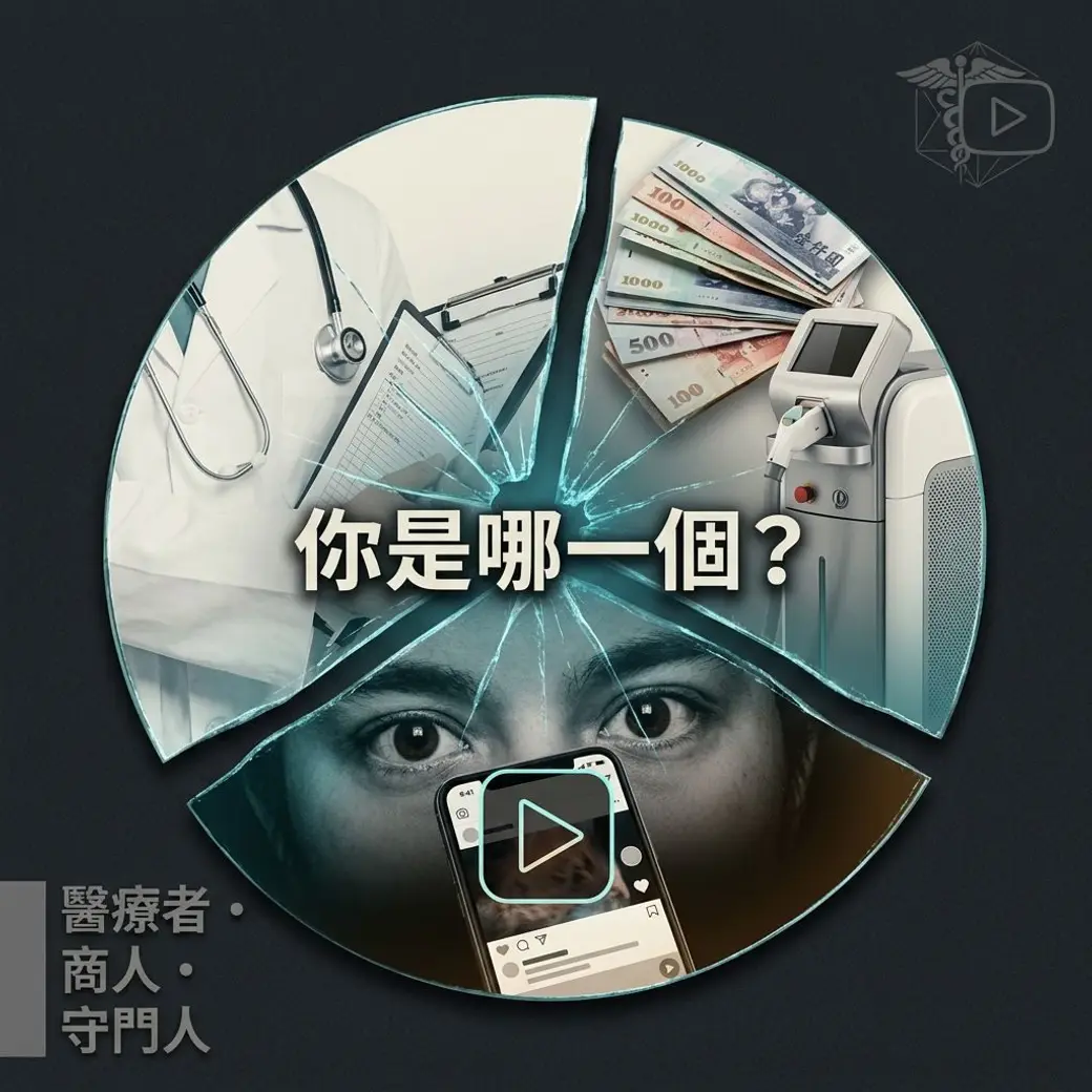 合成圖卡，一面破裂的圓形鏡子分成四塊，分別映出聽診器與病歷、成疊鈔票與雷射儀器、一雙眼睛、一支播放影片的手機，中央寫著「你是哪一個？」，左下角是「醫療者・商人・守門人」。