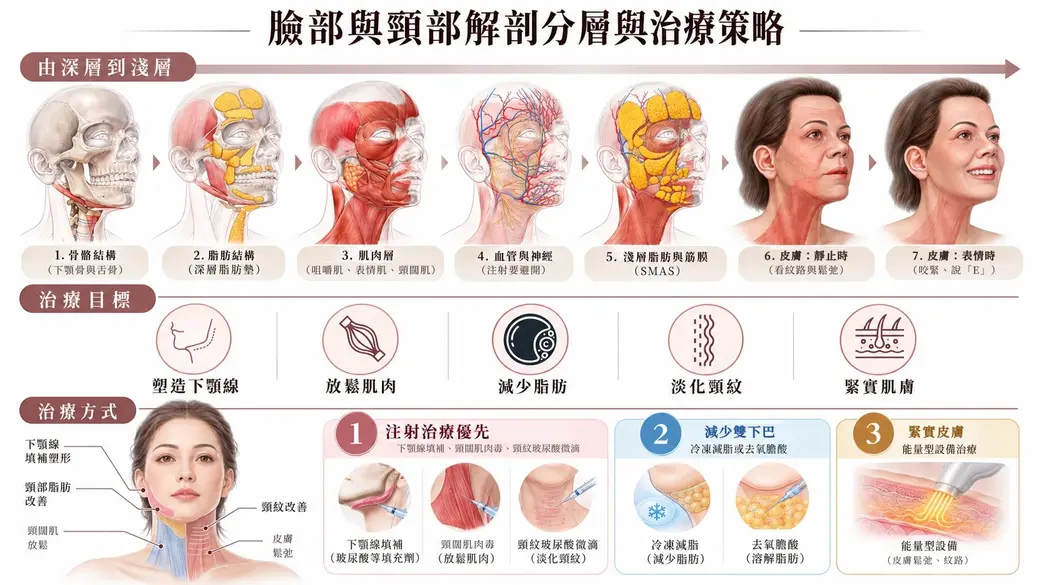 橫式圖解封面「臉部與頸部解剖分層與治療策略」：上排七張頭像由深到淺，依序是骨骼（下顎骨與舌骨）、深層脂肪墊、肌肉（咀嚼肌、表情肌、頸闊肌）、血管與神經（注射要避開）、淺層脂肪與筋膜、皮膚靜止時、皮膚表情時；中排五個圖示是塑造下顎線、放鬆肌肉、減少脂肪、淡化頸紋、緊實肌膚；下排是一種治療順序：先注射（下顎線填補、頸闊肌肉毒、頸紋玻尿酸微滴），再減少雙下巴（冷凍溶脂或去氧膽酸），最後用能量型設備緊實皮膚。