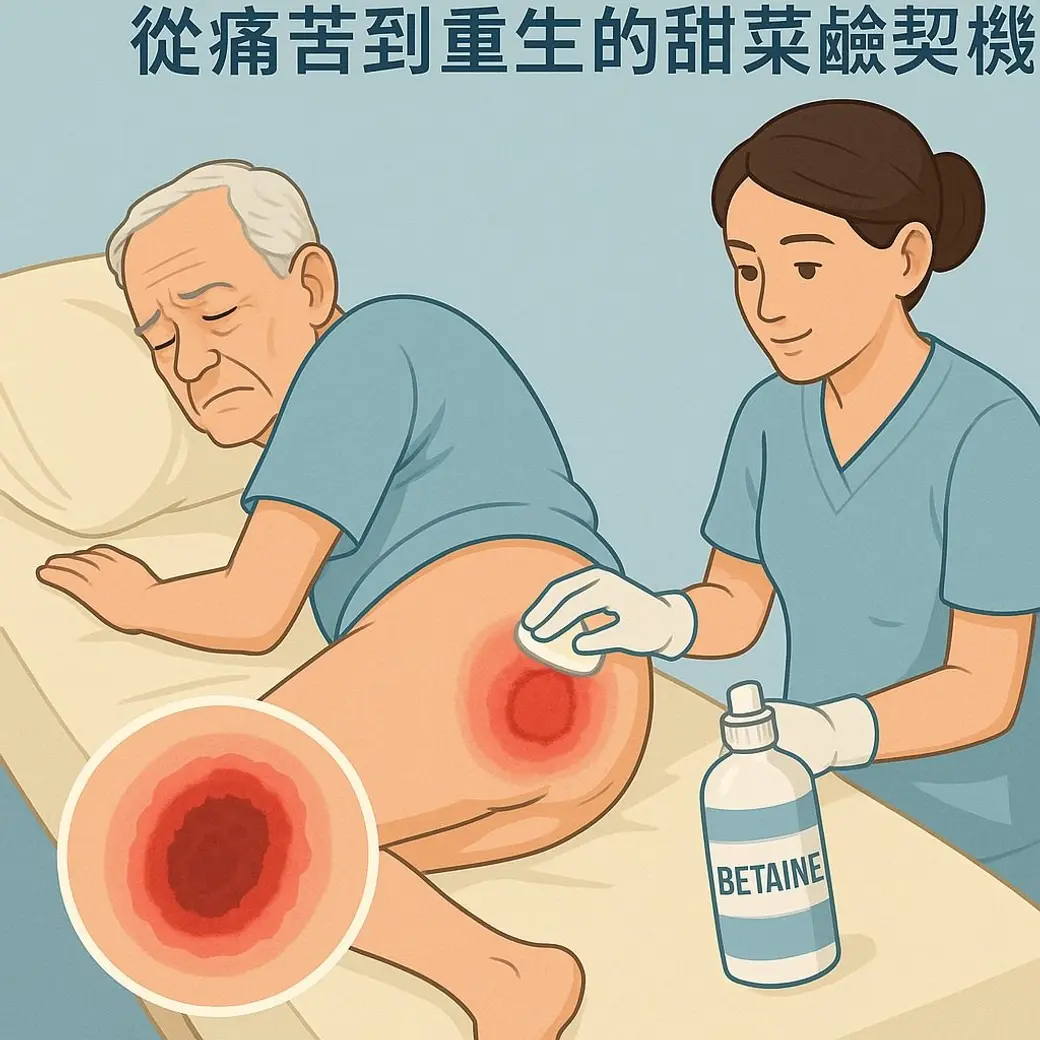 插畫圖卡，一位護理人員戴著手套替側躺的長者清潔臀部的壓瘡傷口，左下角圓形放大圖顯示傷口的分層，右側放著一瓶標示 BETAINE 的清潔液。