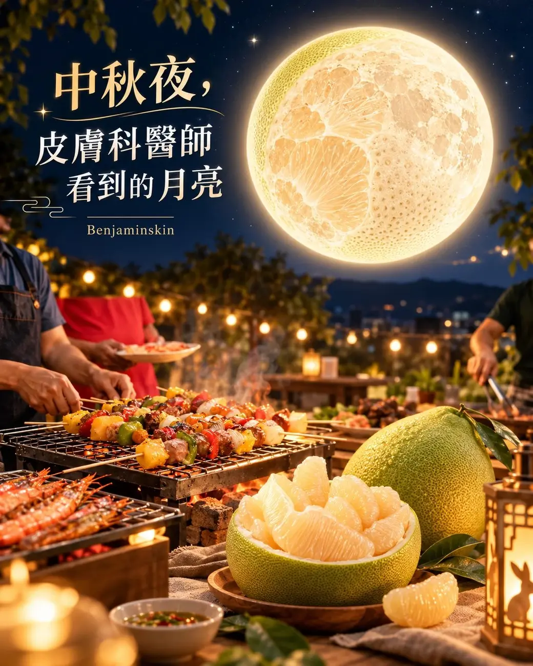 中秋夜的烤肉場景，夜空中的滿月由一顆剖開的柚子構成，前景是烤肉架上的串燒、鮮蝦與一整顆柚子，左上角標題為「中秋夜，皮膚科醫師看到的月亮」