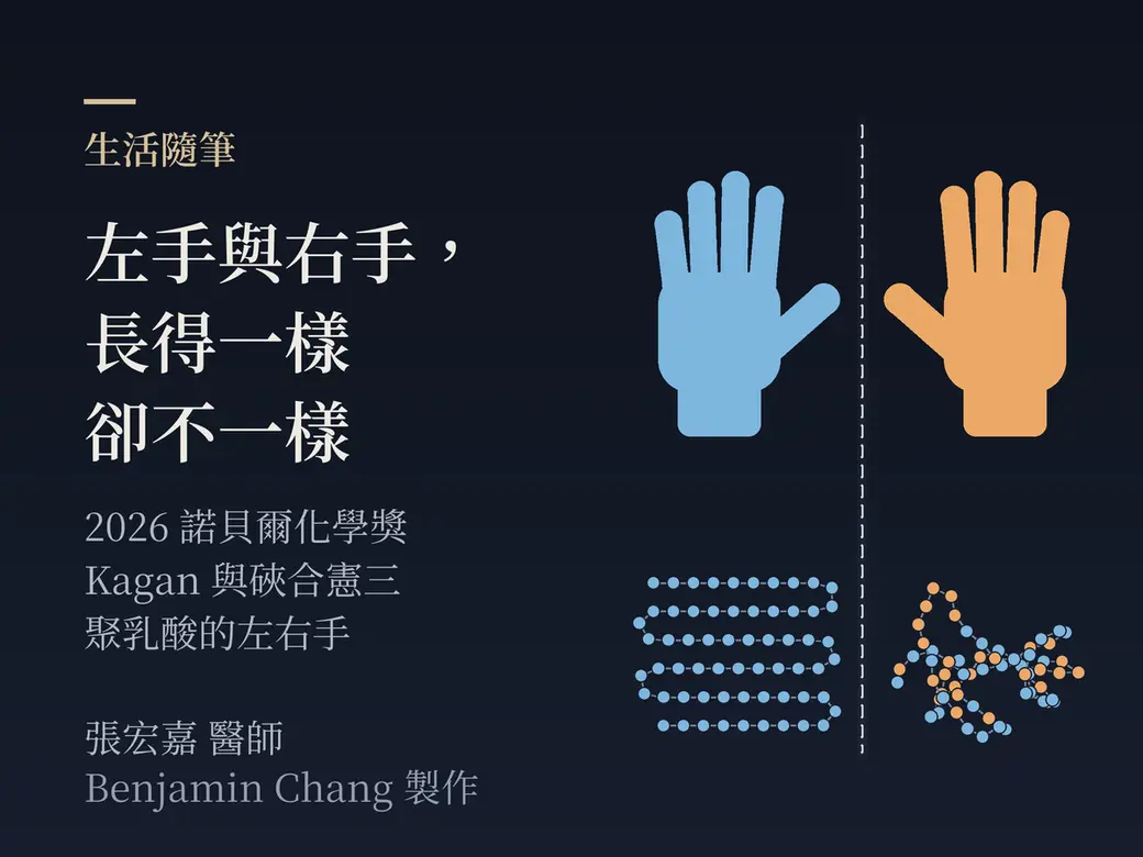 深藍近黑的背景上，右側一條白色虛線像鏡面，左邊一隻淡藍色的手、右邊一隻橘色的手，互為鏡像。兩隻手底下各有一串珠子：左邊全是藍色珠子，來回折疊排成整齊的六行；右邊藍橘兩色珠子交錯，糾成一團。左側是主標「左手與右手，長得一樣，卻不一樣」與副標「2026 諾貝爾化學獎，Kagan 與硤合憲三，聚乳酸的左右手」，左下署名張宏嘉醫師，並註明「Benjamin Chang 製作」。畫面裡沒有任何產品包裝或品牌。