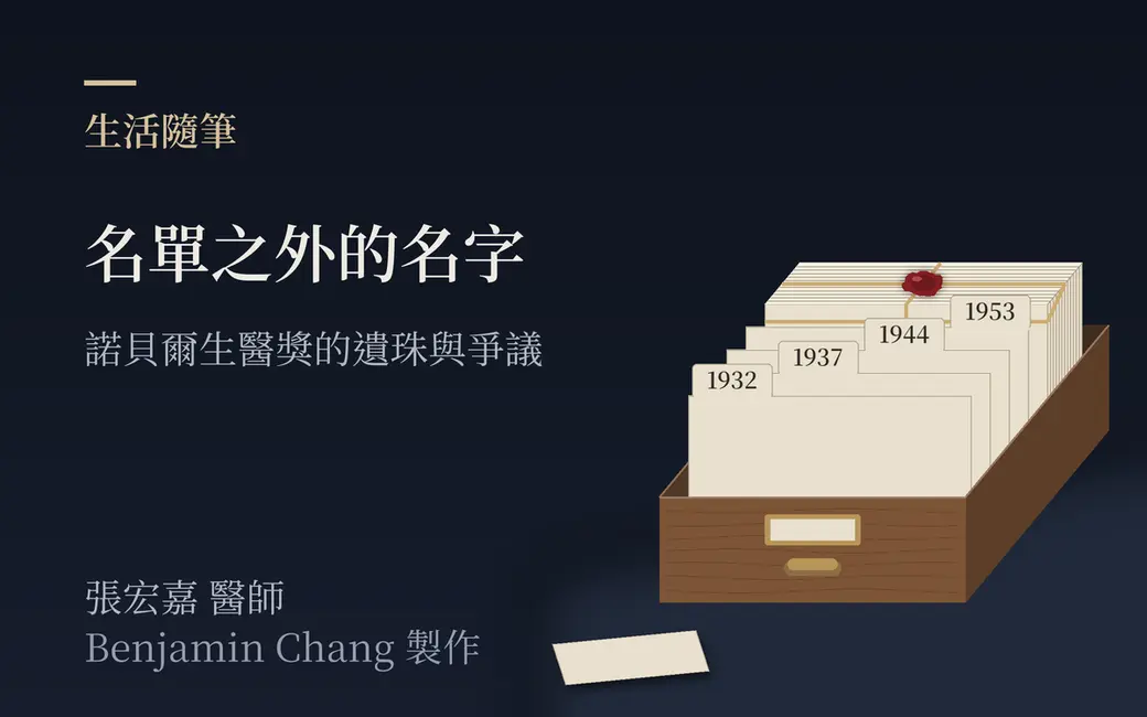 深藍近黑的背景上，右側是一只拉開的檔案抽屜，裡面直立排著一張張索引卡，前面幾張卡的頂端印著年份 1932、1937、1944、1953；1953 那張之後的卡片被一條細繩捆住，繩結上壓著一枚沒有圖案的深紅色封蠟，表示還沒解密。抽屜前方的桌面上擺著一張空白的卡片。左側是主標「名單之外的名字」與副標「諾貝爾生醫獎的遺珠與爭議」，左下署名張宏嘉醫師，並註明「Benjamin Chang 製作」。