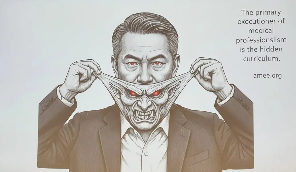 素描風格插畫，一位西裝男性用雙手把自己的臉往兩側拉開，底下露出一張猙獰的面孔，右側是一段關於隱藏課程的英文引言。
