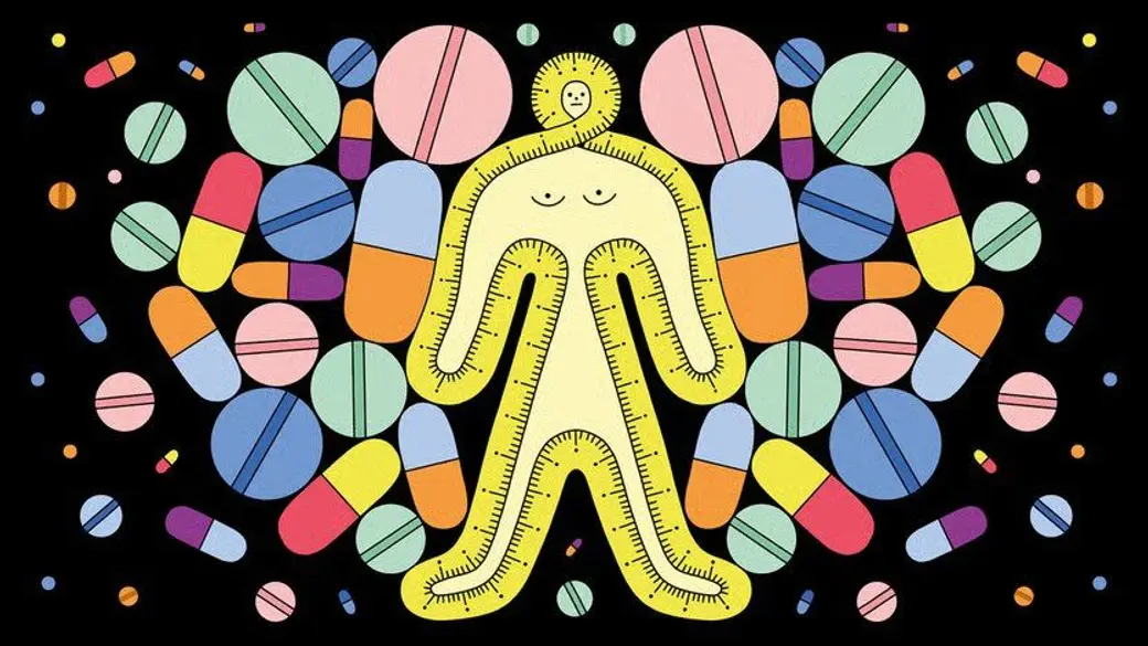 插畫，黑底上散落著各種顏色的藥錠與膠囊，中間是一個由淡黃色線條構成、張開雙臂的人形。