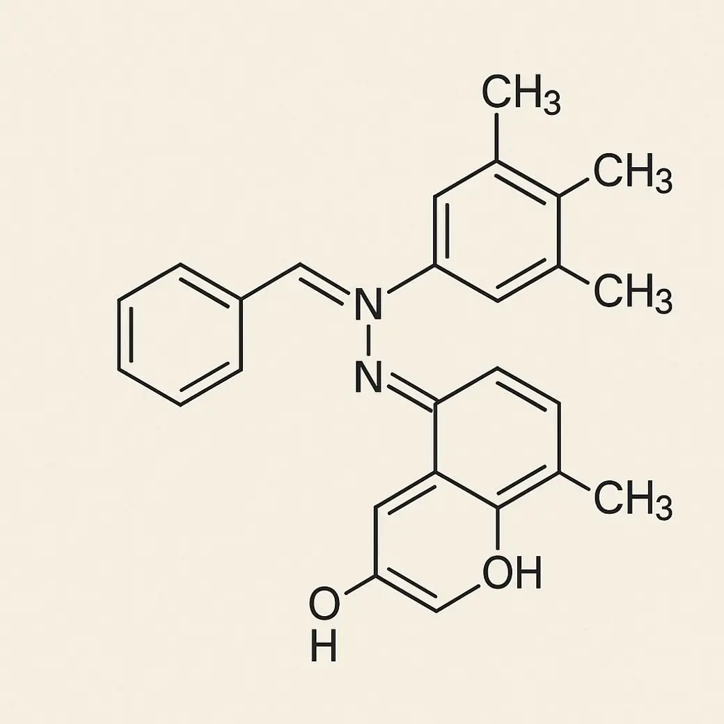 化學結構式，米色底上畫著一個藥物分子的骨架圖，標示多個甲基、羥基與氮原子。