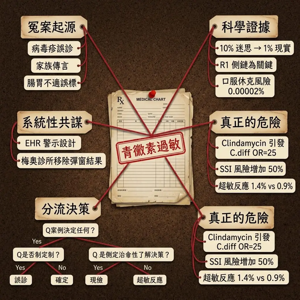 自製圖卡，仿軟木板釘著一張病歷表，上面蓋著「青黴素過敏」的紅印，四周以紅線連到冤案起源、科學證據、系統性共謀、真正的危險與分流決策五組說明框。