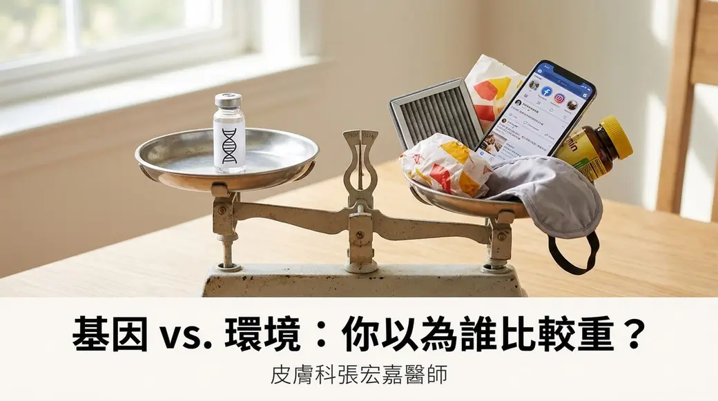 照片加字卡，窗邊桌上的一台天秤，一端放著標示 DNA 的小瓶，另一端堆滿速食、手機、罐頭與眼罩，下方寫著「基因 vs. 環境：你以為誰比較重？」。