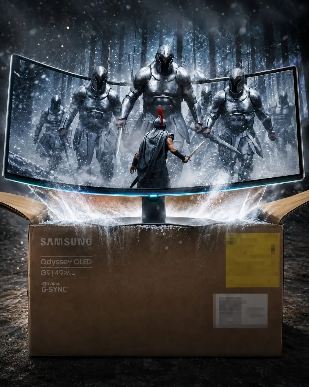 一台 Samsung Odyssey OLED G9 曲面螢幕從紙箱中升起，畫面裡是一名戰士面對一群盔甲士兵。