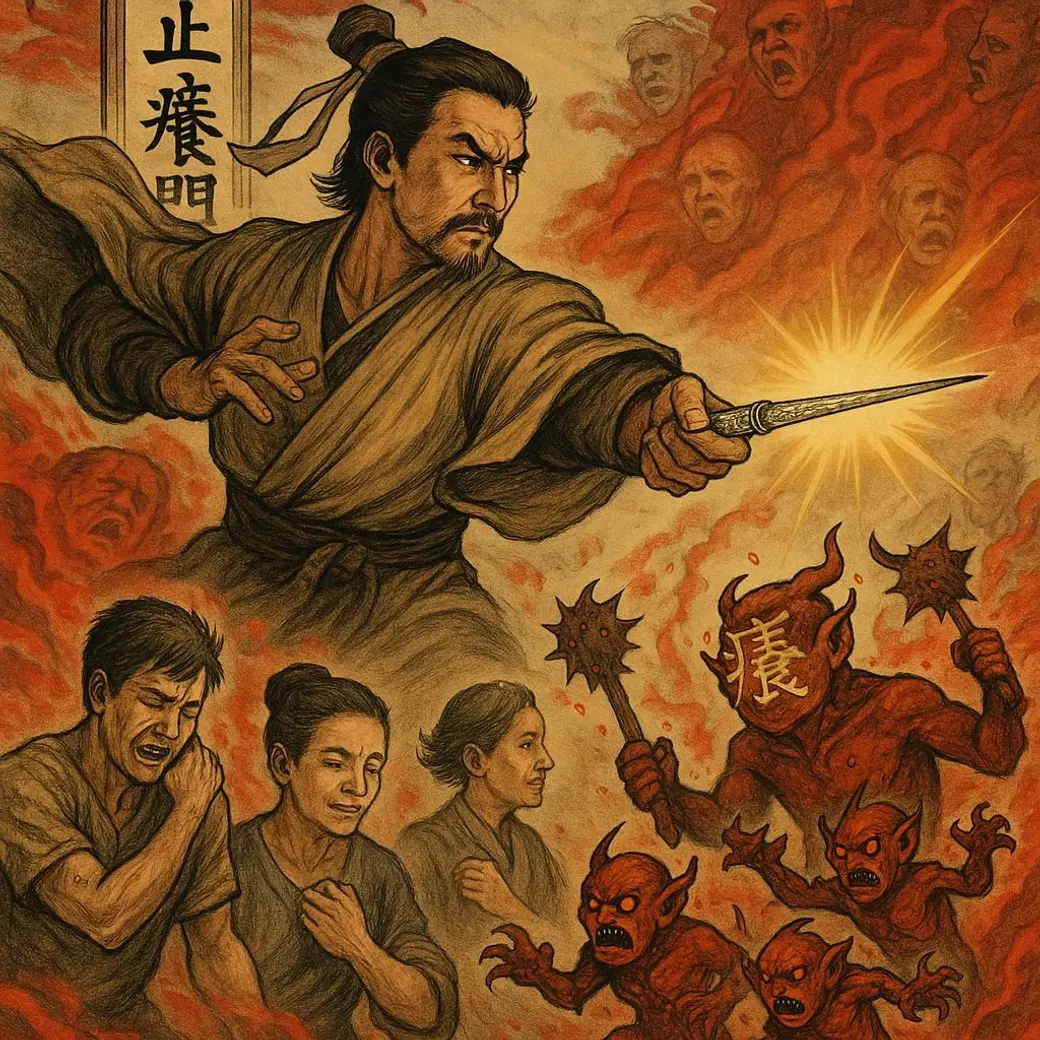 水墨風格插畫，一位俠客持匕首躍起，身後是「止癢門」的匾額，左下方三位抓癢的病人，右下方是幾隻手持狼牙棒、身上寫著「癢」的紅色小鬼。