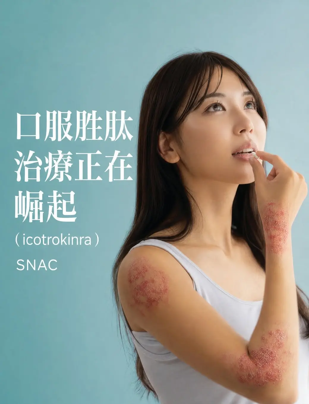 一位女性正要把一顆藥放進口中，手臂上有乾癬病灶，左側寫著「口服胜肽治療正在崛起（icotrokinra）SNAC」。