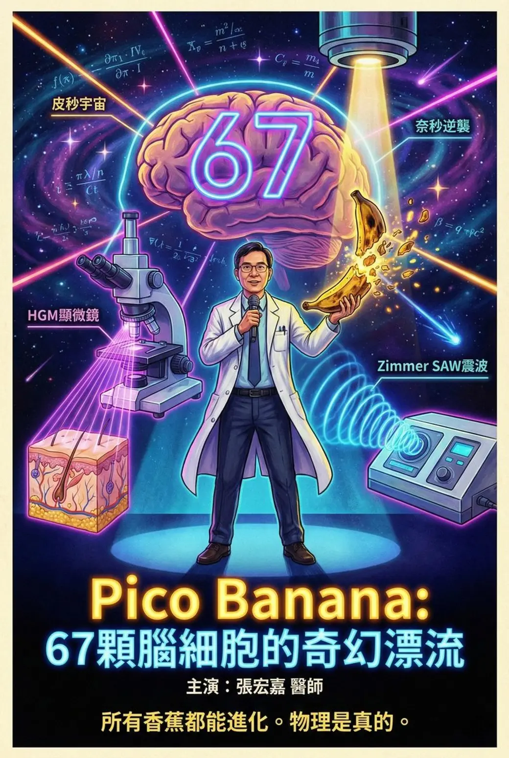 仿電影海報的合成圖，深藍星空背景中一位白袍男性拿著麥克風與一根香蕉，四周是大腦、顯微鏡、震波儀器與公式，下方是中文片名與「所有香蕉都能進化。物理是真的。」。