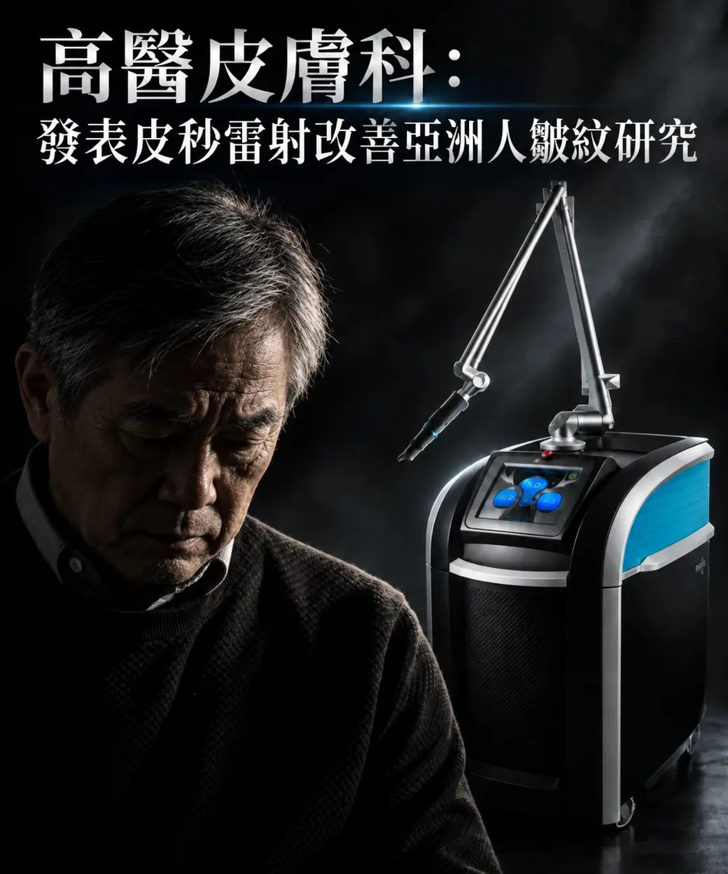 示意圖。左邊是一位亞洲中老年男性的側臉，眼周有明顯的皺紋；右邊是一台皮秒雷射儀器；主標「高醫皮膚科：發表皮秒雷射改善亞洲人皺紋研究」
