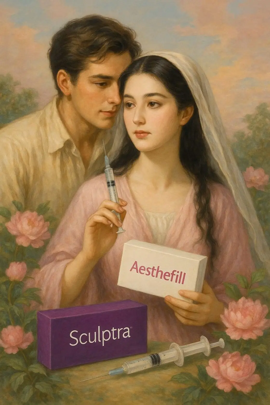 古典油畫風格插畫，一對男女並肩而立，女子手持針筒並抱著一個產品紙盒，腳邊放著另一個紙盒與針筒，背景是花叢。