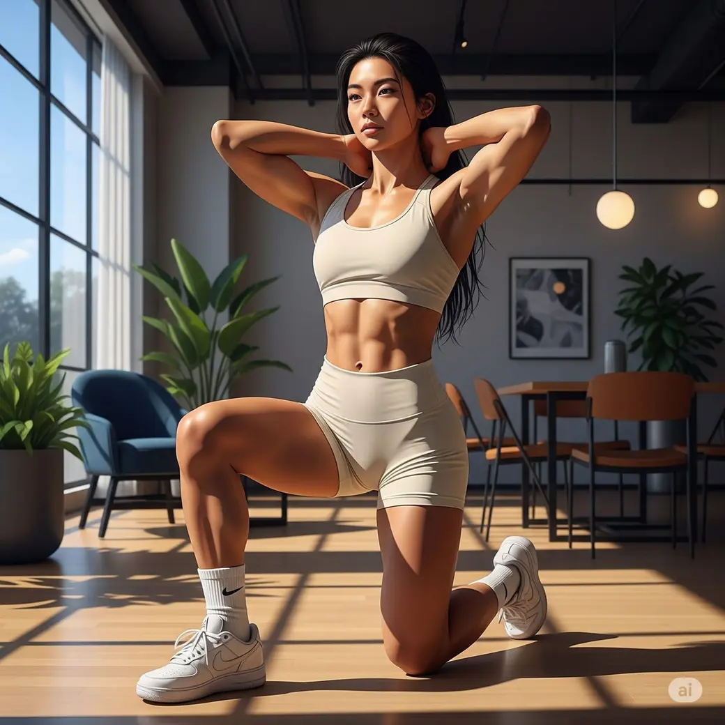 插畫，一位穿運動內衣與短褲的女性在室內單膝跪地伸展，雙手抱在腦後，腹部肌肉線條明顯。