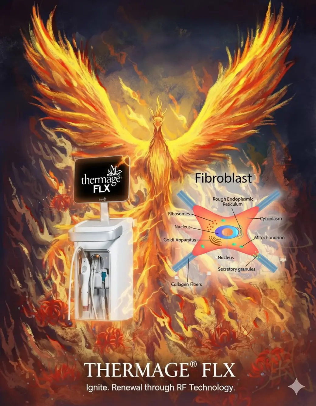 合成海報，烈焰中一隻展翅的鳳凰，左下是一台電波儀器，右側是纖維母細胞的構造圖與各胞器名稱，下方是產品名稱與英文標語。