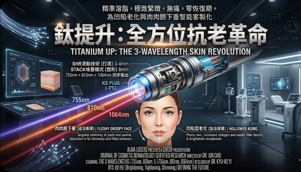 廠商宣傳圖，深色科技感背景中一支放大的雷射手把射出三色光束，分別標示 755nm、810nm 與 1064nm，右側是一張臉部示意圖與兩種老化型態的說明。