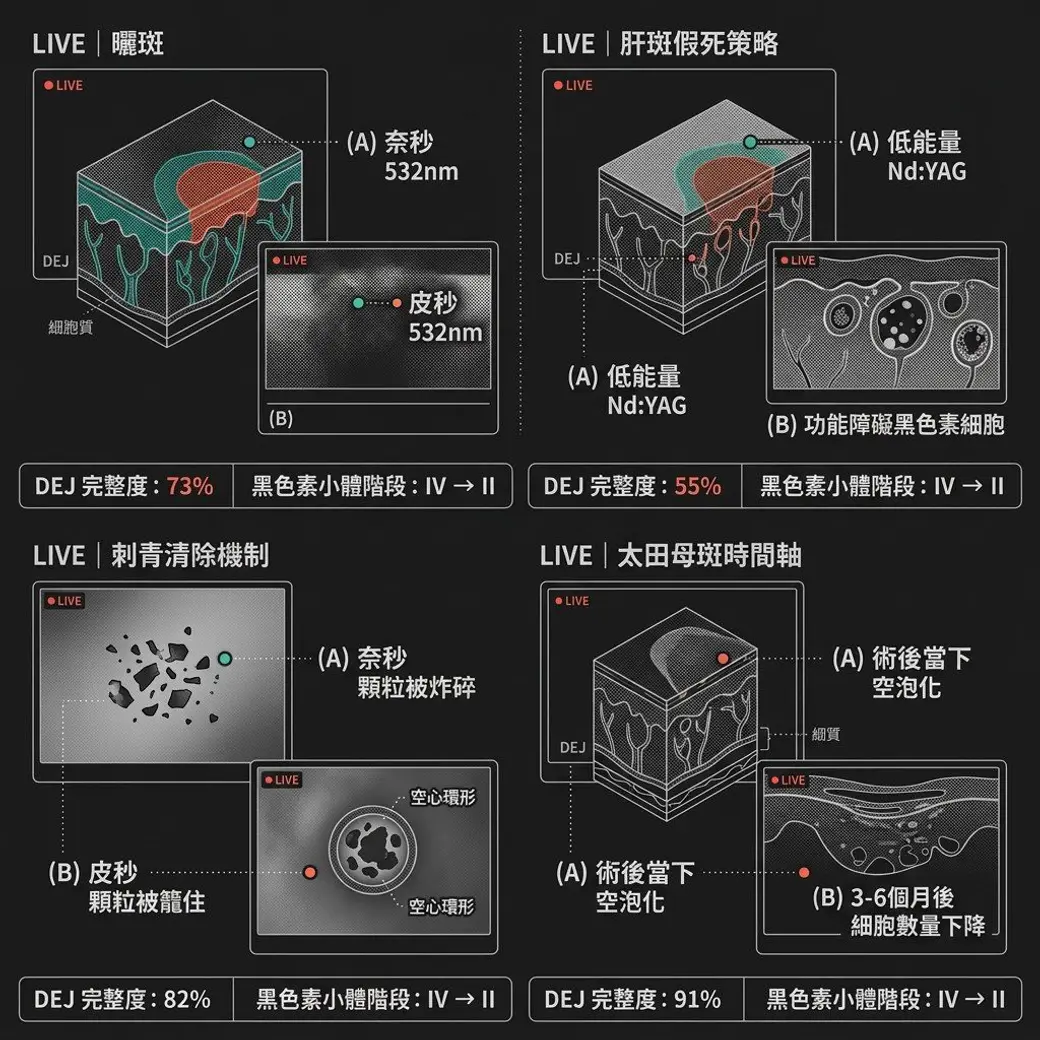 自製圖卡，深色底分成四格，分別以立體皮膚剖面比較曬斑、肝斑、刺青清除與太田母斑在奈秒與皮秒下的作用差異，每格下方列出真皮表皮交界完整度的百分比與黑色素小體階段。