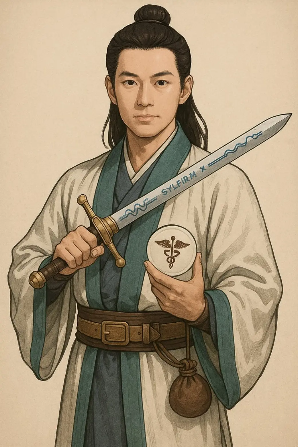 水墨風格插畫，一位古裝男子雙手各持一柄劍與一個圓形器物，劍身上印著儀器名稱，器物上有醫療徽記。