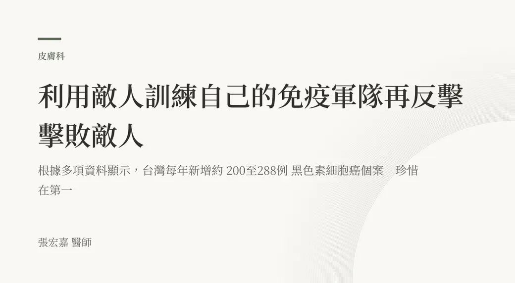 排版式文字封面，米白底，左上角有綠色短線與「皮膚科」標示，副標寫著台灣每年新增約 200 至 288 例黑色素細胞癌個案，左下角署名張宏嘉醫師。