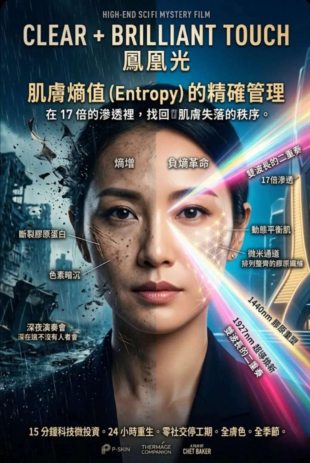 仿電影海報的合成圖，中央是一張左右各半的臉，左半是灰暗龜裂的背景與斷裂膠原、色素暗沉的標示，右半是彩虹光束與微米通道、雙波長的說明，上方是產品名稱與中文標題。