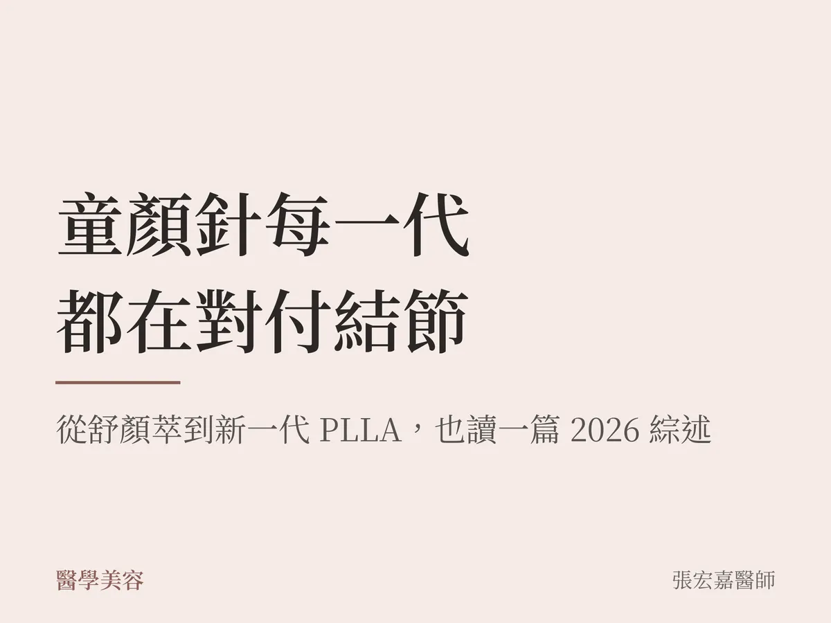 本站自製的文字卡：淺色底，深色大字寫著「童顏針每一代都在對付結節」，下方一行小字「從舒顏萃到新一代 PLLA，也讀一篇 2026 綜述」。
