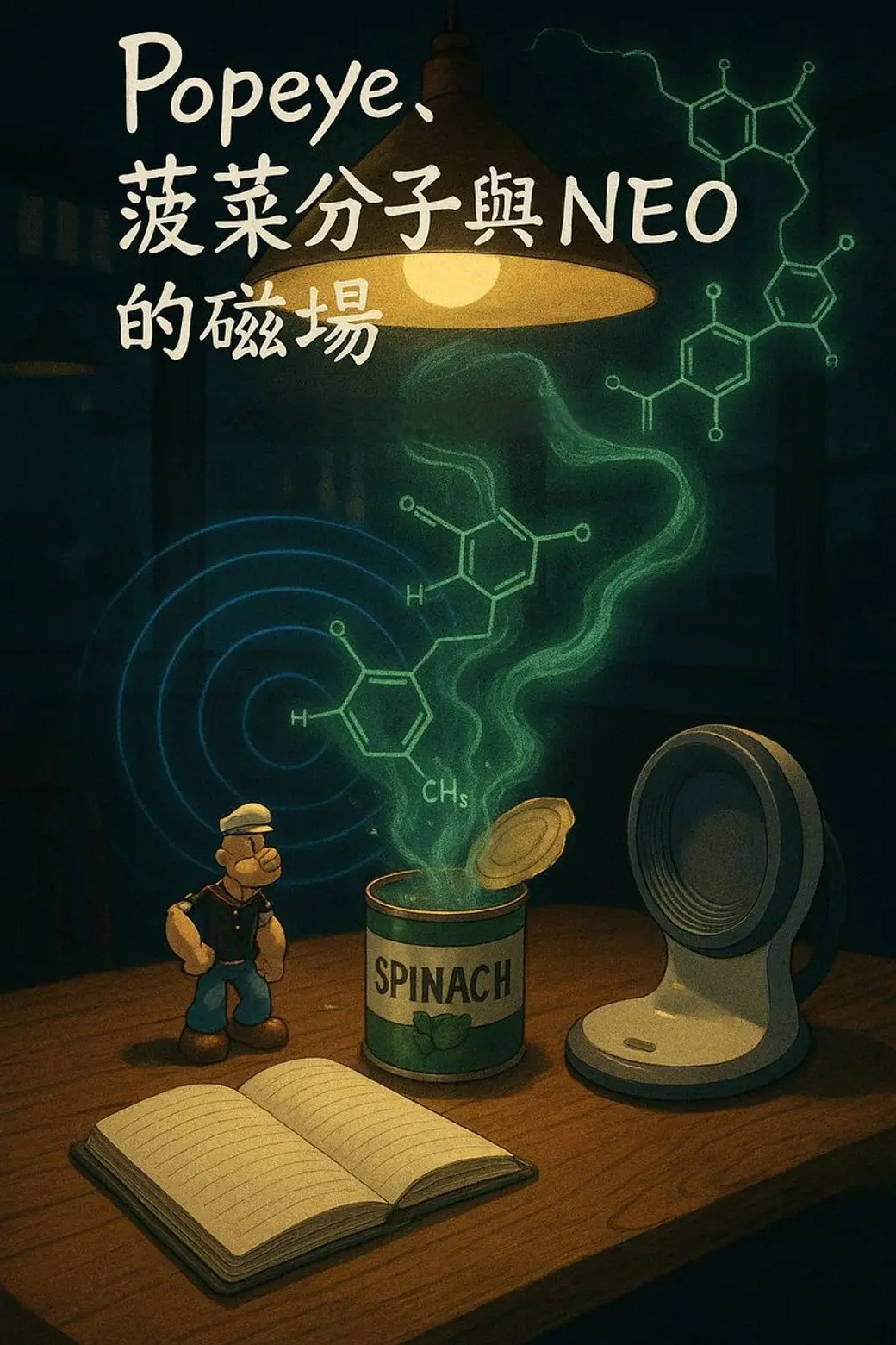 插畫，昏黃燈下的木桌上放著一本翻開的書、一罐菠菜與一台圓形裝置，旁邊站著一個卡通水手人物，上方畫著分子結構與同心圓波紋，並印著中文標題。