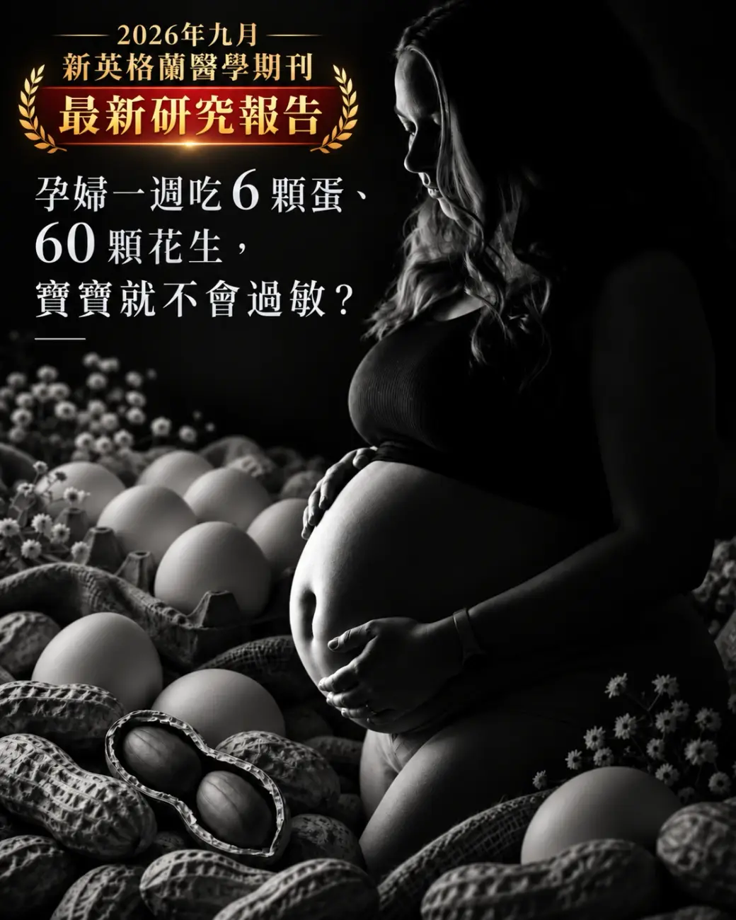 作者以 AI 生成的黑白示意圖。一位孕婦側身捧著肚子，周圍鋪滿雞蛋與帶殼花生，左上角有「2026 年九月 新英格蘭醫學期刊 最新研究報告」的標章與本文標題。