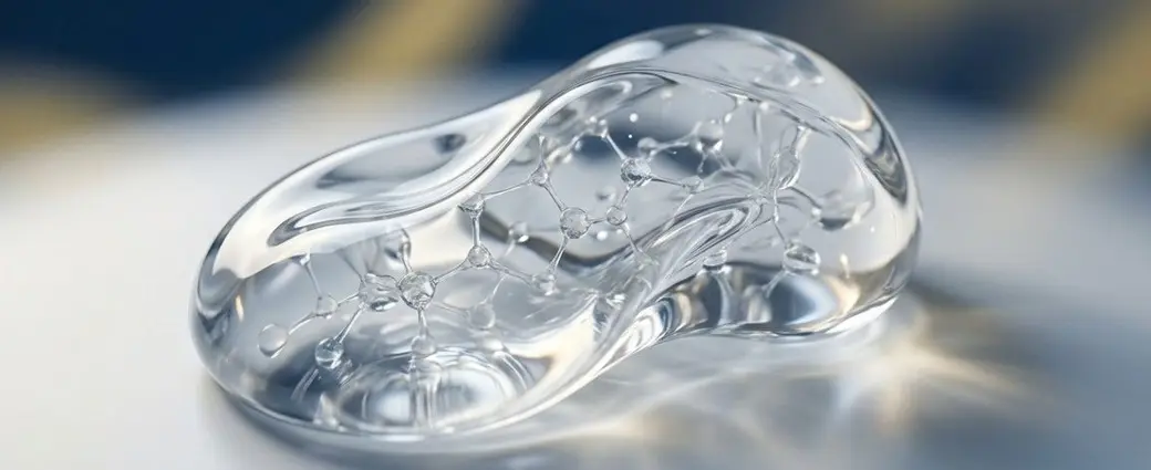 渲染影像，淺色背景上一團透明的凝膠，內部可見網狀的分子結構。