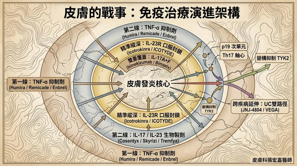 自製圖卡，米色等高線背景上是一個同心圓結構，中心寫著皮膚發炎核心，往外以箭頭標出第一線 TNF-α 抑制劑、第二線 IL-17／IL-23 生物製劑、IL-23R 口服封鎖與變構抑制 TYK2 等治療層次。