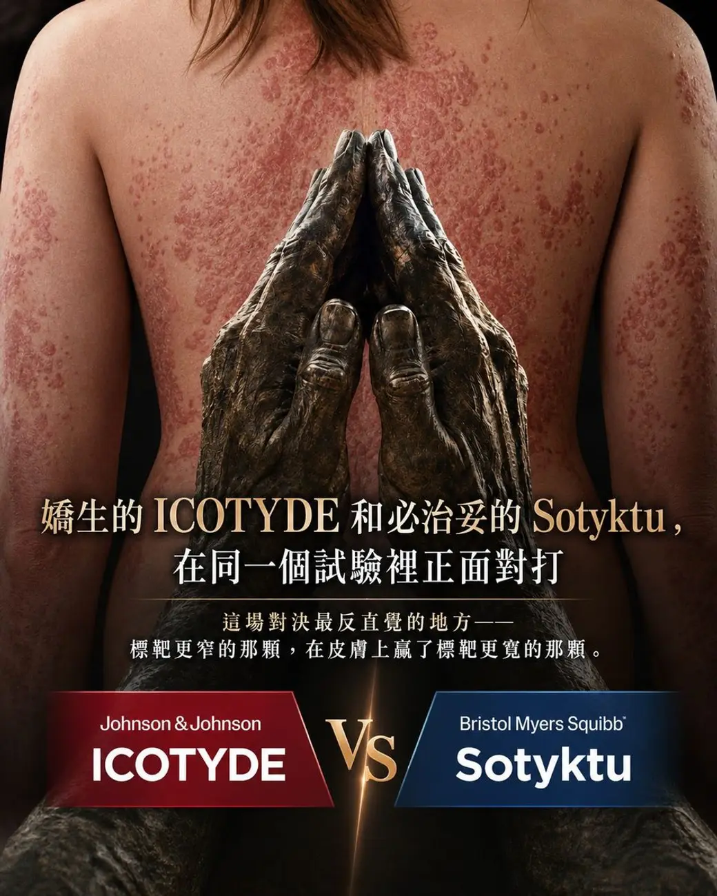合成圖卡，上半是一個背部佈滿紅色鱗屑斑塊的人像，前方交疊著一雙粗糙的手，下半以紅藍兩色方塊並排兩種藥物名稱與 VS 字樣，中間是中文說明句。