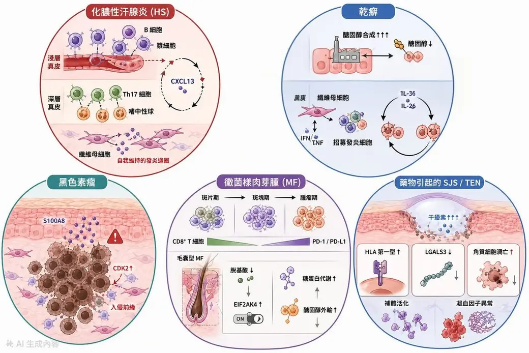 自製圖卡，五個圓形分別畫出化膿性汗腺炎、乾癬、黑色素瘤、蕈狀肉芽腫與藥物引起的嚴重皮膚反應的細胞與分子機制，各自標註關鍵細胞激素與蛋白質。
