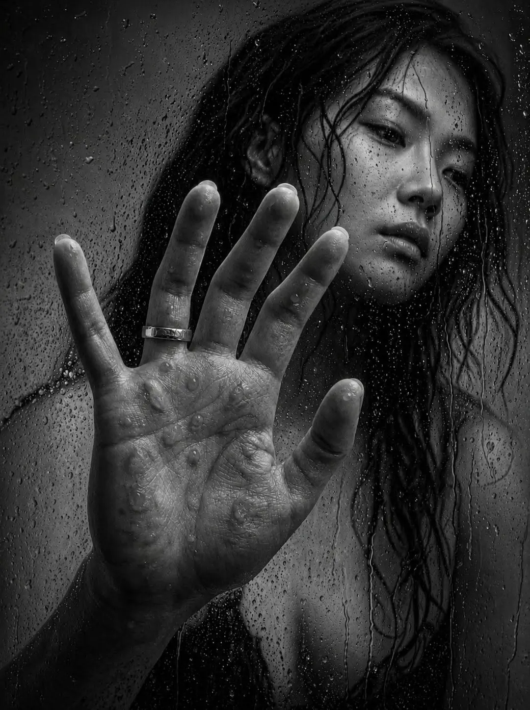 一張黑白示意影像：一隻手貼在佈滿雨珠的玻璃上，掌心有成片的水泡，玻璃後面是一張被雨打濕的臉。非文中病人的照片。