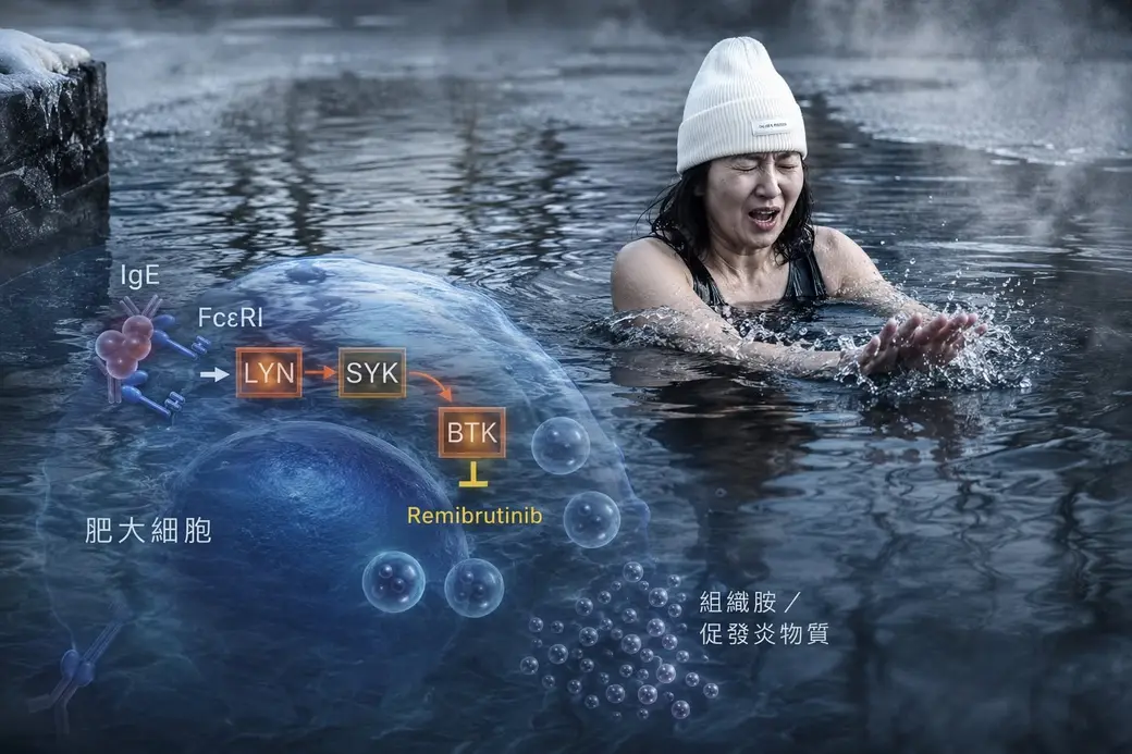 IgE→FcεRI→LYN→SYK→BTK 的肥大細胞訊號路徑，以及 remibrutinib 的阻斷位置。