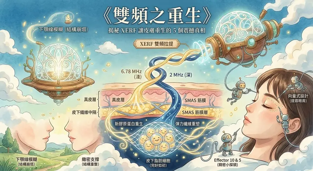 插畫圖卡，天空與雲朵背景中兩艘飛船拉著一道能量束穿過皮膚剖面，標示 6.78 MHz 與 2 MHz 兩種頻率作用的深度，左右是治療前後的側臉線稿與多個中文註解。