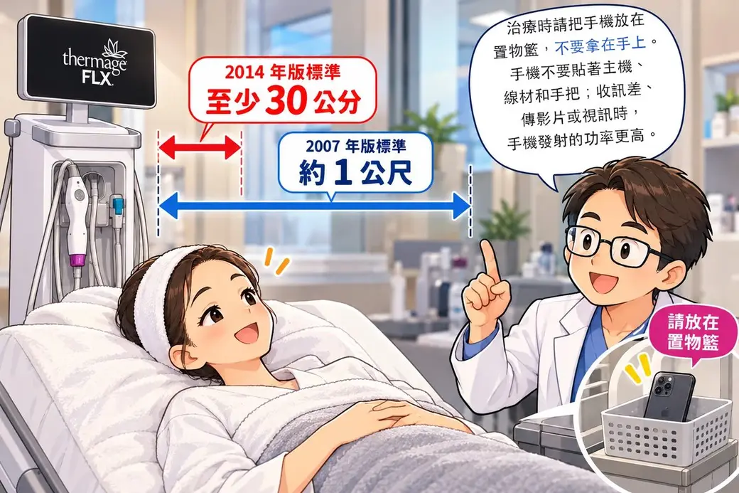卡通插畫：診所治療室裡，一位戴白色髮帶、穿浴袍的女性躺在治療床上，床頭旁是一台螢幕寫著 Thermage FLX 的電波治療機。從機器邊緣畫出兩支距離箭頭，短的紅色箭頭標著「2014 年版標準：至少 30 公分」，長的藍色箭頭標著「2007 年版標準：約 1 公尺」。右邊一位戴眼鏡、穿白袍的醫師舉起食指說明，對話框寫著：治療時請把手機放在置物籃，不要拿在手上；手機不要貼著主機、線材和手把；收訊差、傳影片或視訊時，手機發射的功率更高。右下角一支手機放在置物籃裡，旁邊標著「請放在置物籃」。示意插畫。